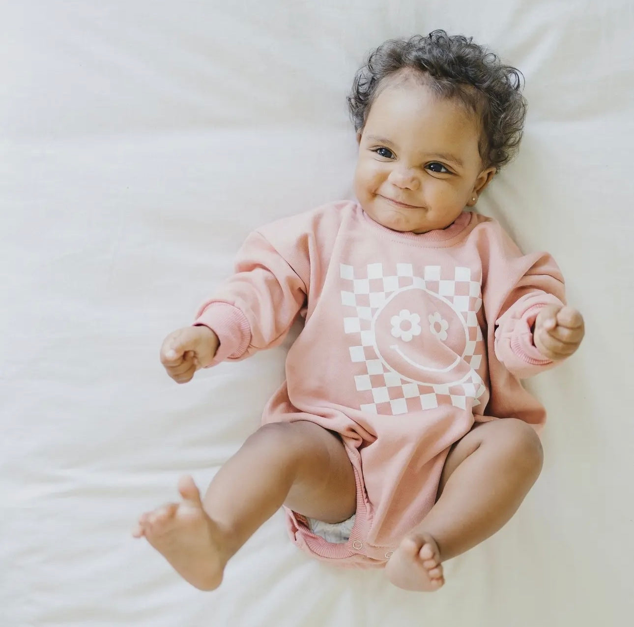 Smiley Daisy Check Oversized Sweatshirt Romper | Salmon